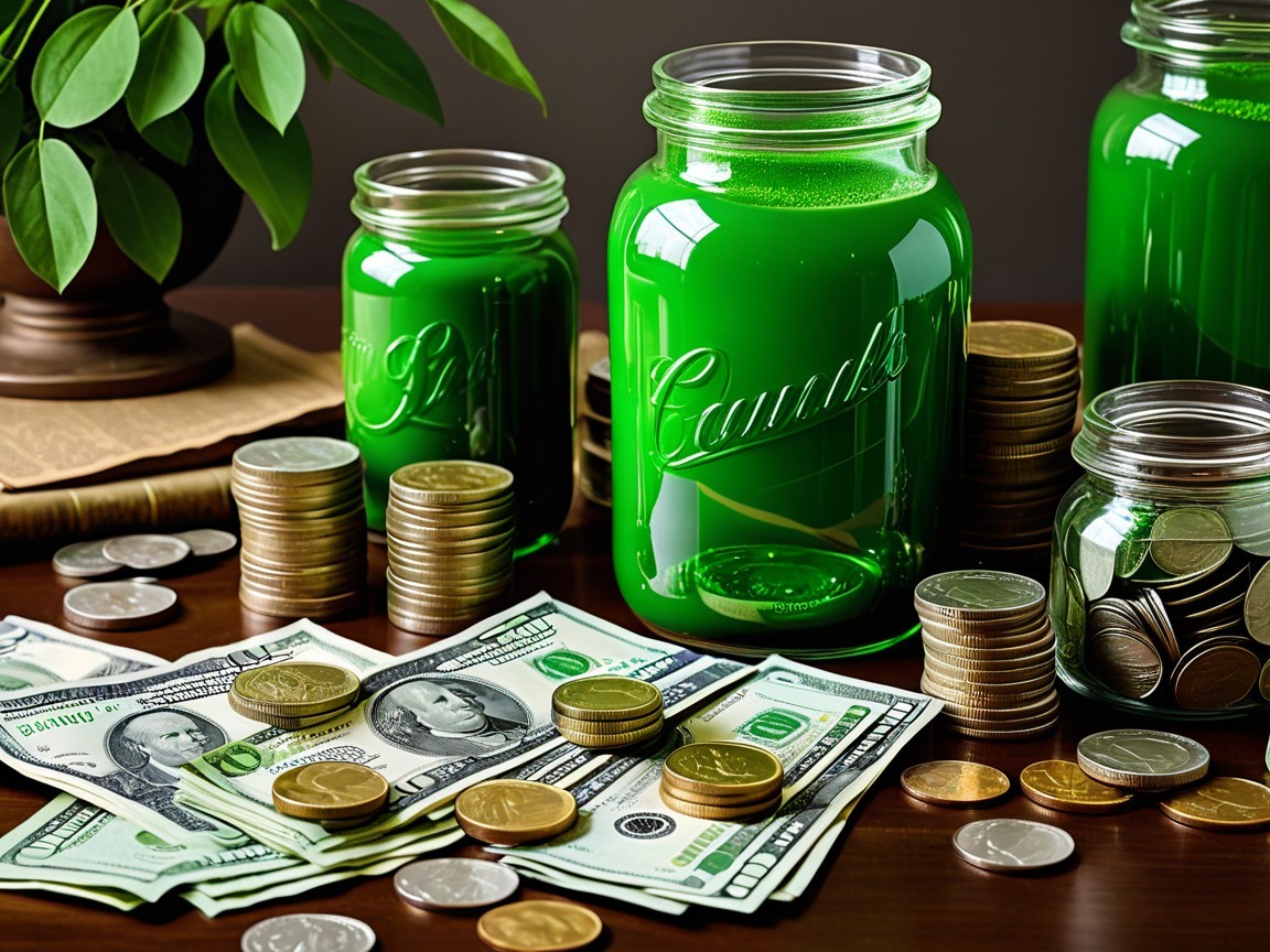 Collection of Money-Themed Items on a Wooden Table