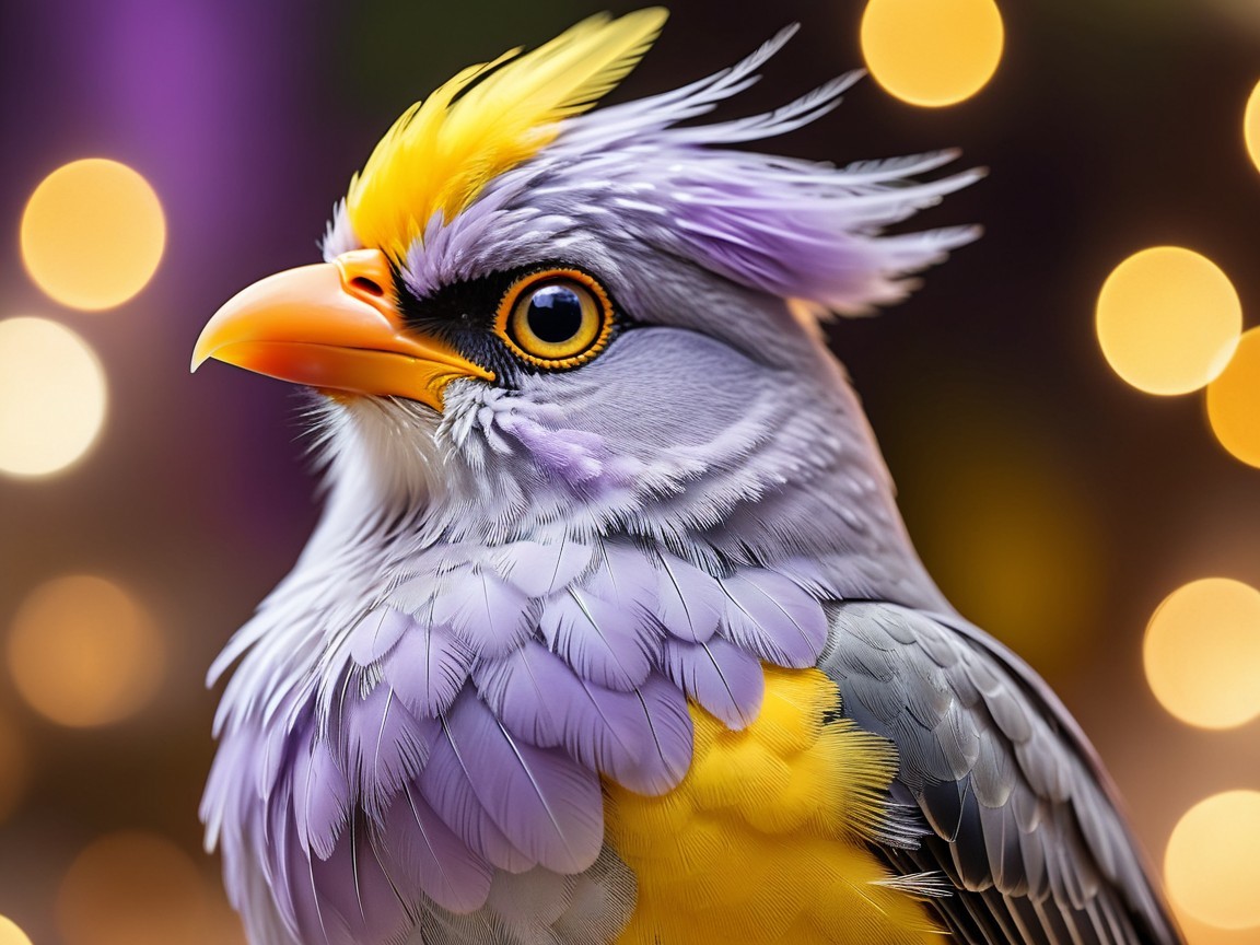 Vivid Lavender and Yellow Bird with Crest and Lights