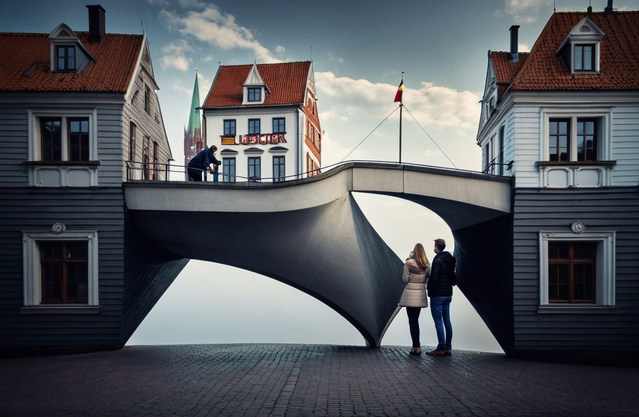 Modern Bridge Links Traditional Buildings Under Dramatic Sky