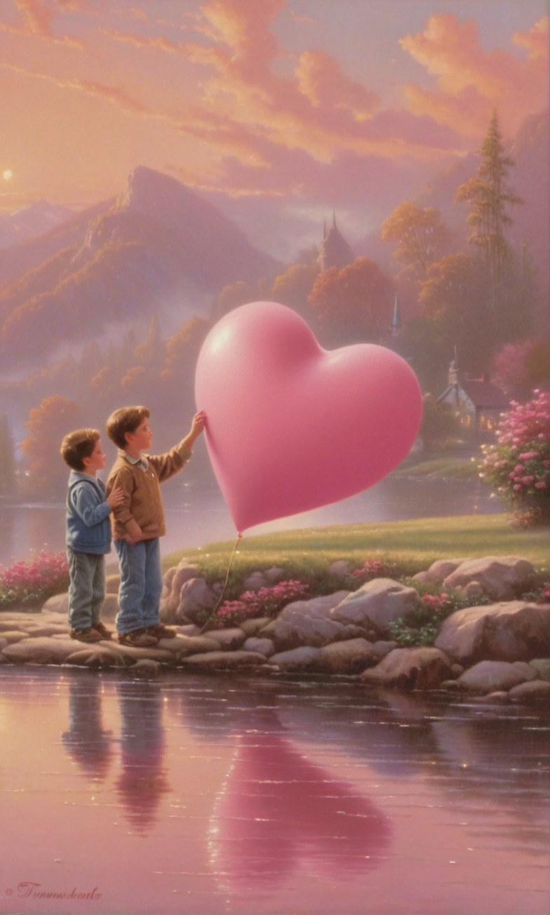 Boys on Rocky Shore with Heart-Shaped Balloon at Sunset