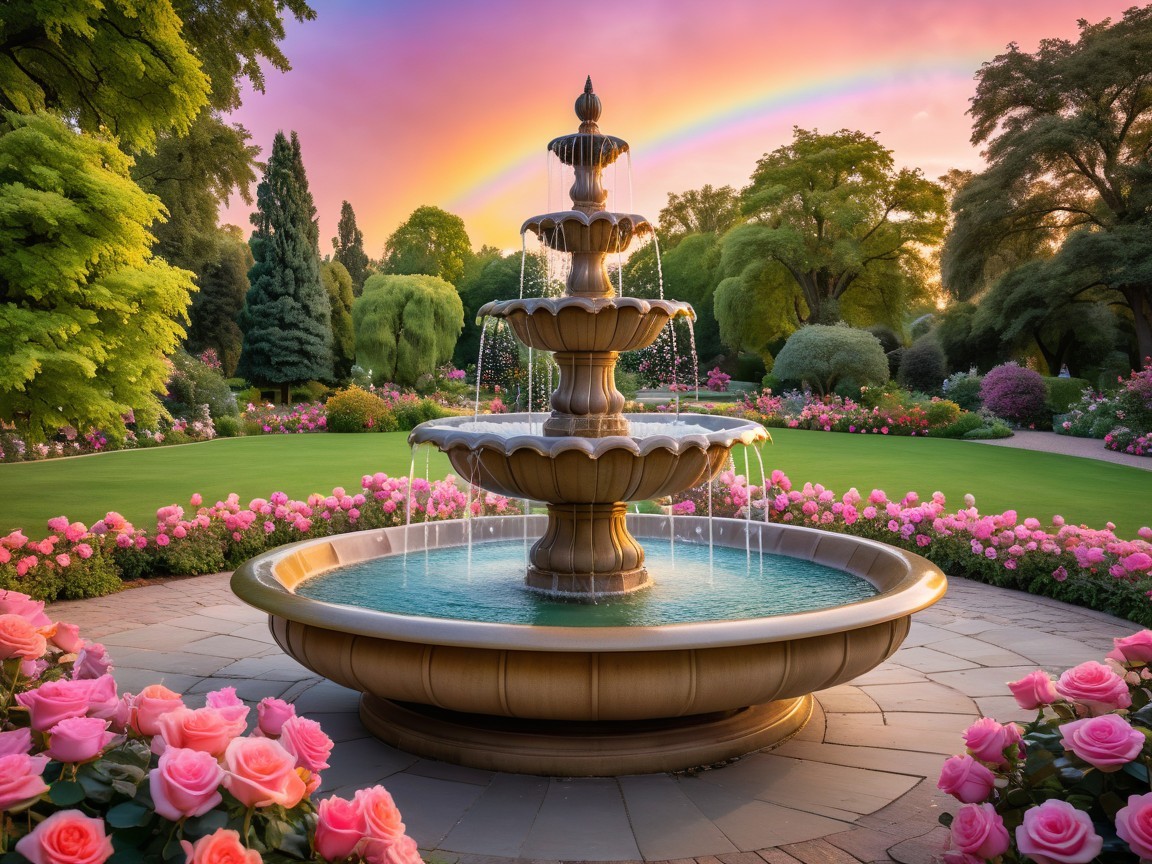 Three-Tiered Fountain in a Serene Garden Setting