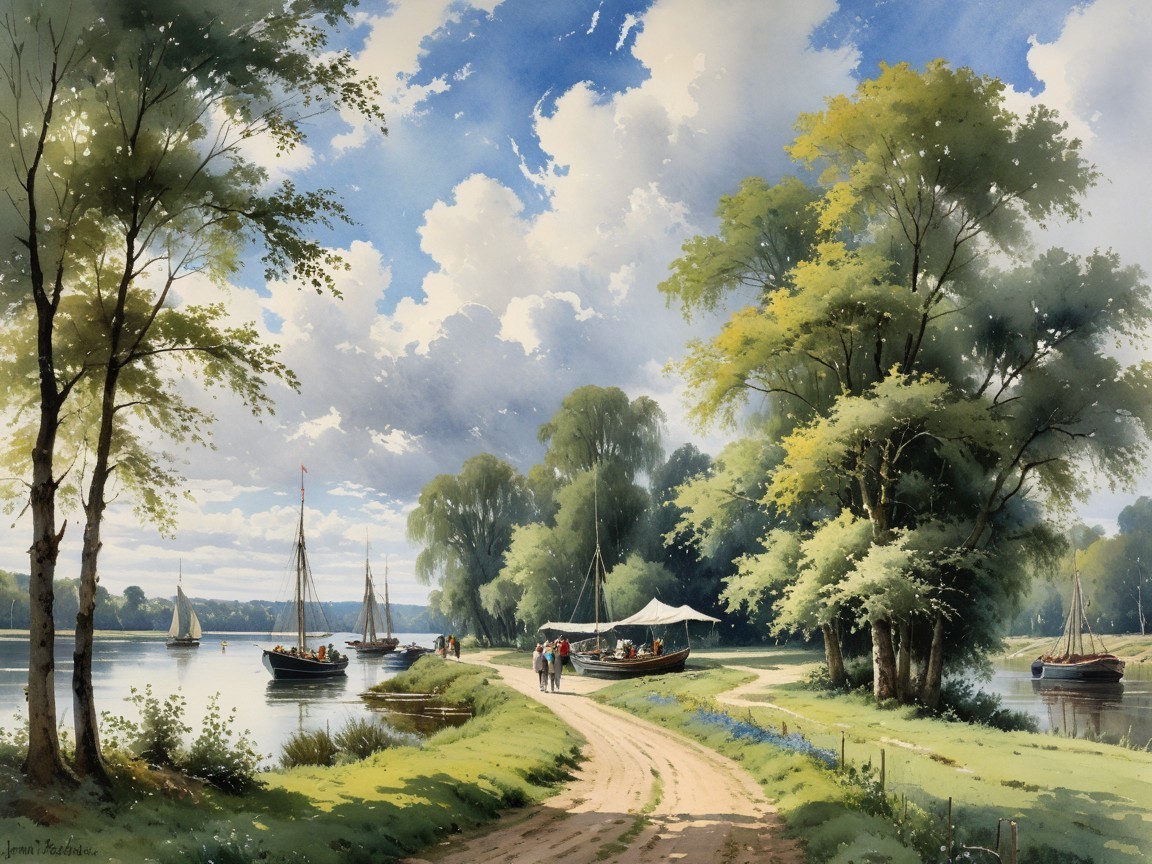 Lakeside Scene with Sailboats and Lush Trees