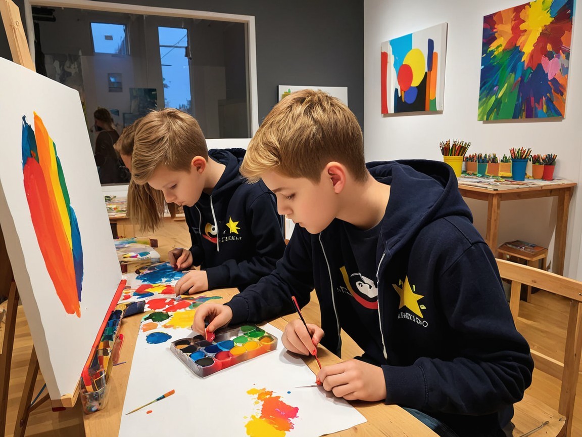 Boys Painting in a Colorful Art Studio Setting