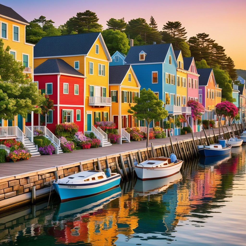 Vibrant Waterfront Scene with Colorful Houses and Boats