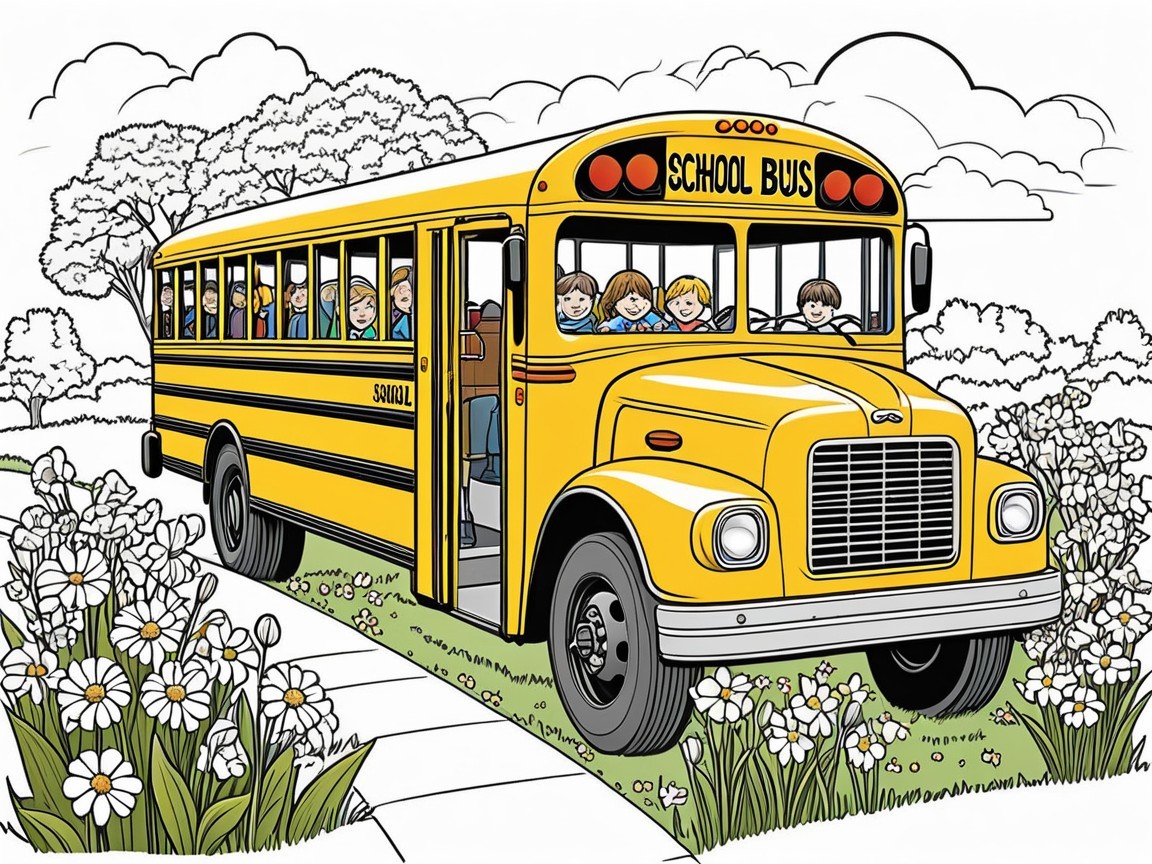 Yellow School Bus Surrounded by Blooming Flowers