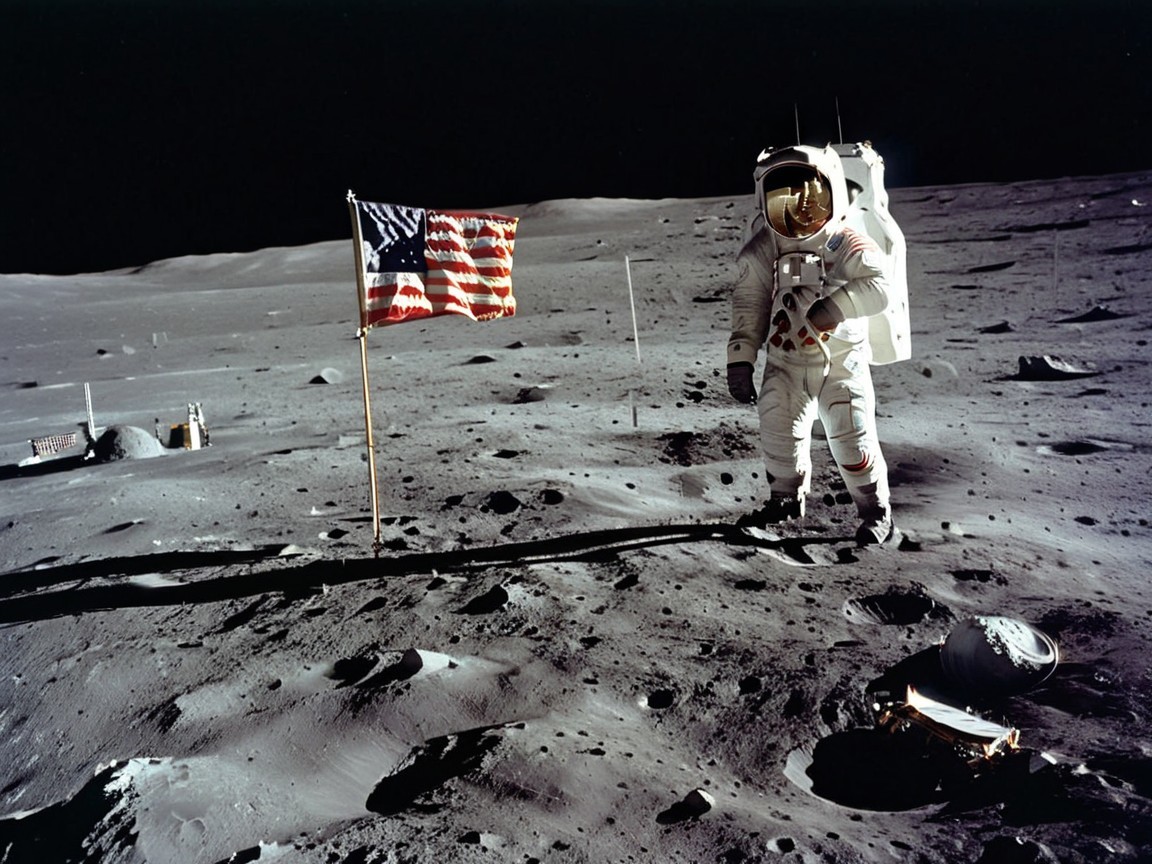 Astronaut on Lunar Surface with American Flag and Module