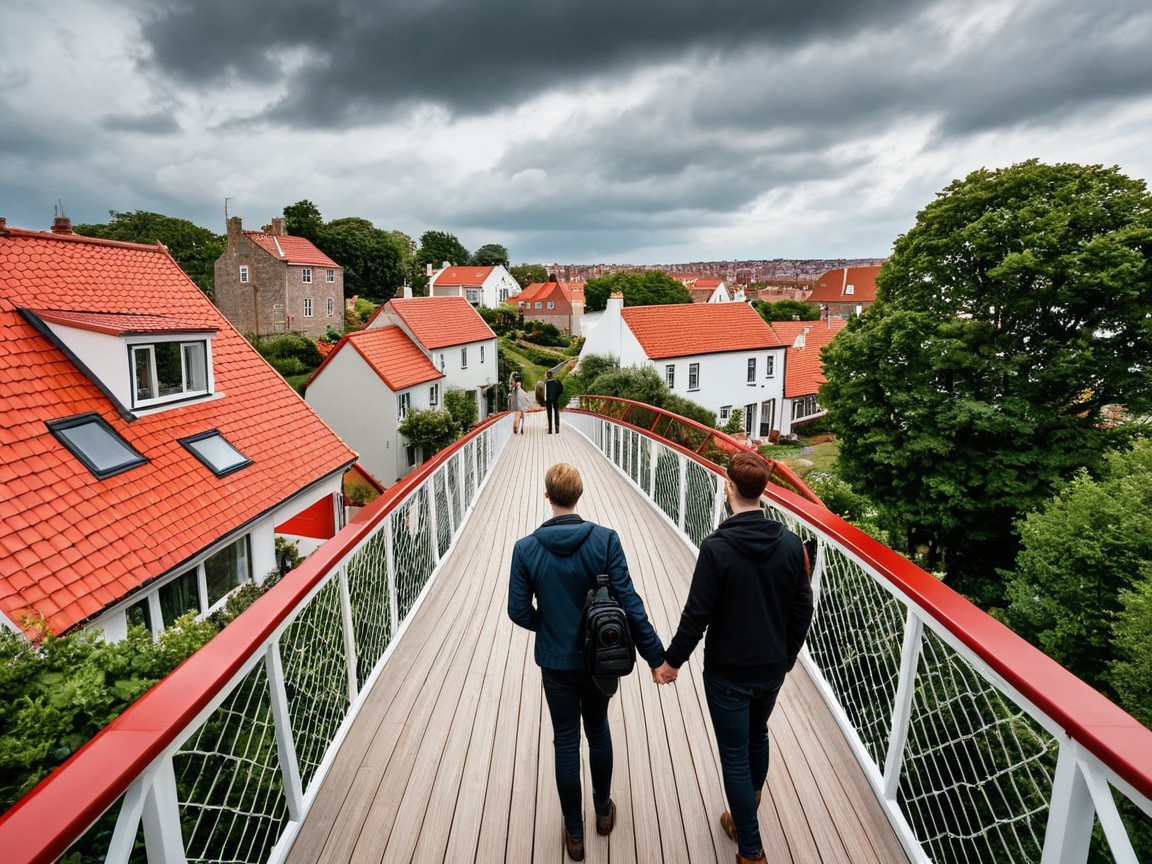 Scenic Bridge Walk Amid Quaint Houses and Greenery