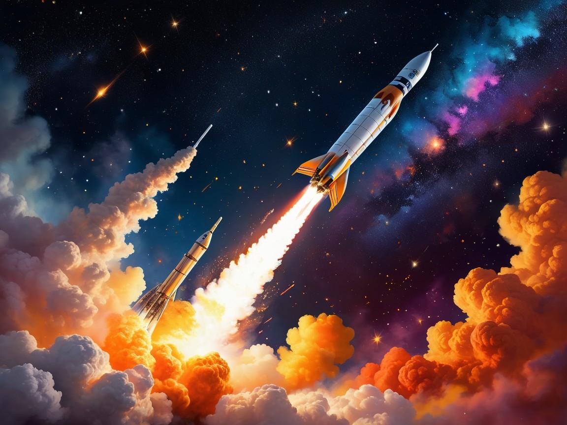 Rockets Launching into a Colorful Cosmic Backdrop
