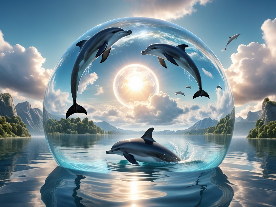 Dolphins Leaping in a Tranquil Landscape Bubble