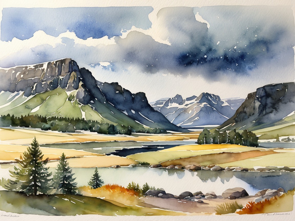 Watercolor Landscape of Mountains and Tranquil River
