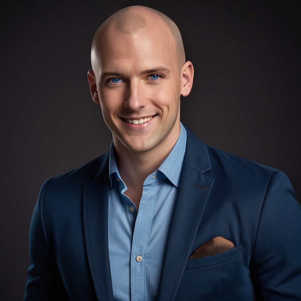 Confident Man in Navy Blazer with Blue Eyes Smiling