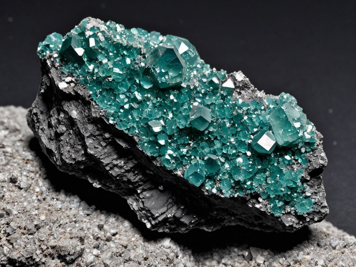 Teal Crystal Specimen on Dark Textured Rock Base