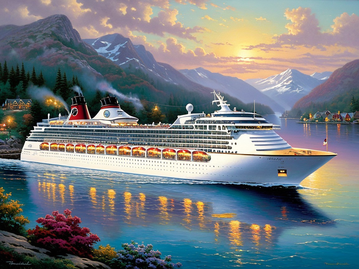 Cruise Ship on Tranquil Waters at Sunset