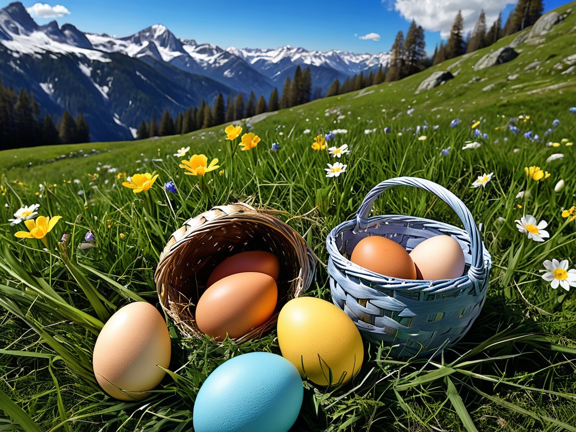 Colorful Eggs in Baskets on a Meadow Landscape