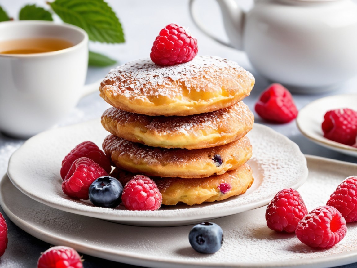 Golden Pancakes with Berries and Tea Setting