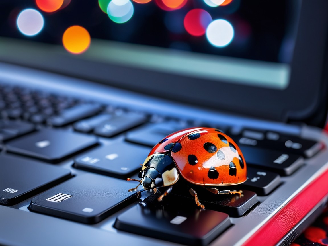 Ladybug on Laptop Keyboard with Colorful Bokeh Background