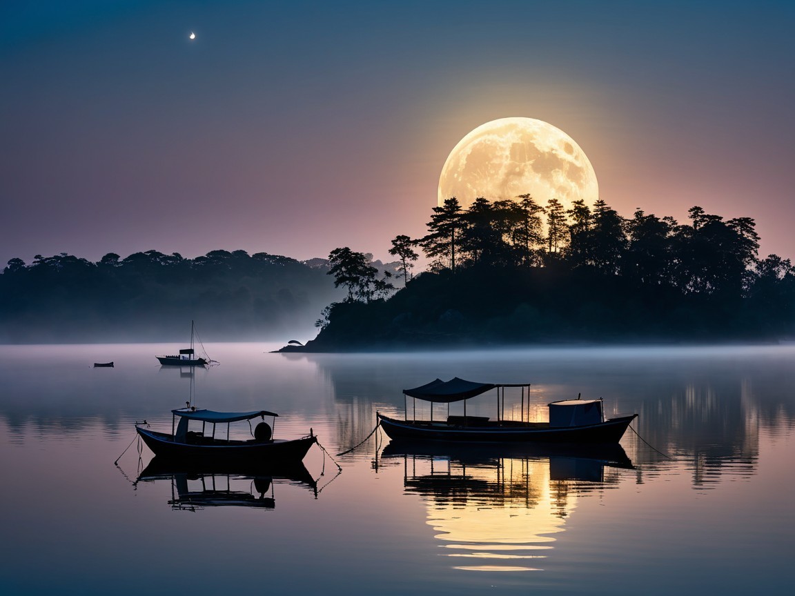 Tranquil Lake Scene with Boats and Rising Moon