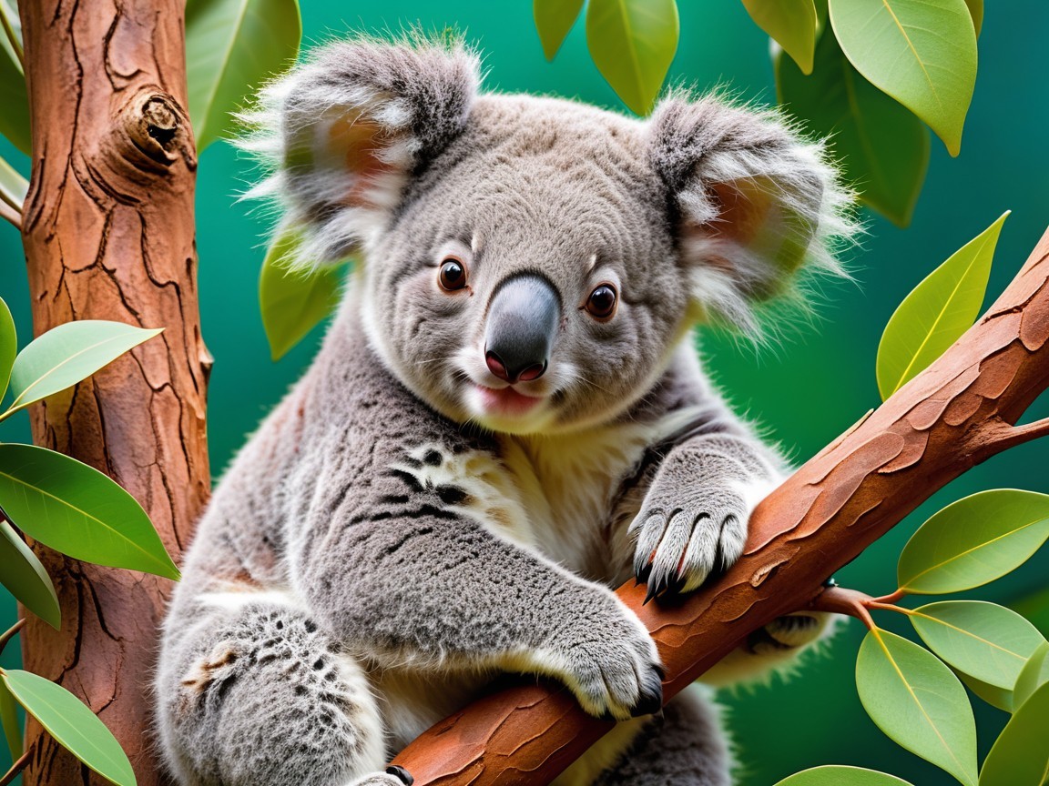 Koala on Tree Branch Surrounded by Green Leaves