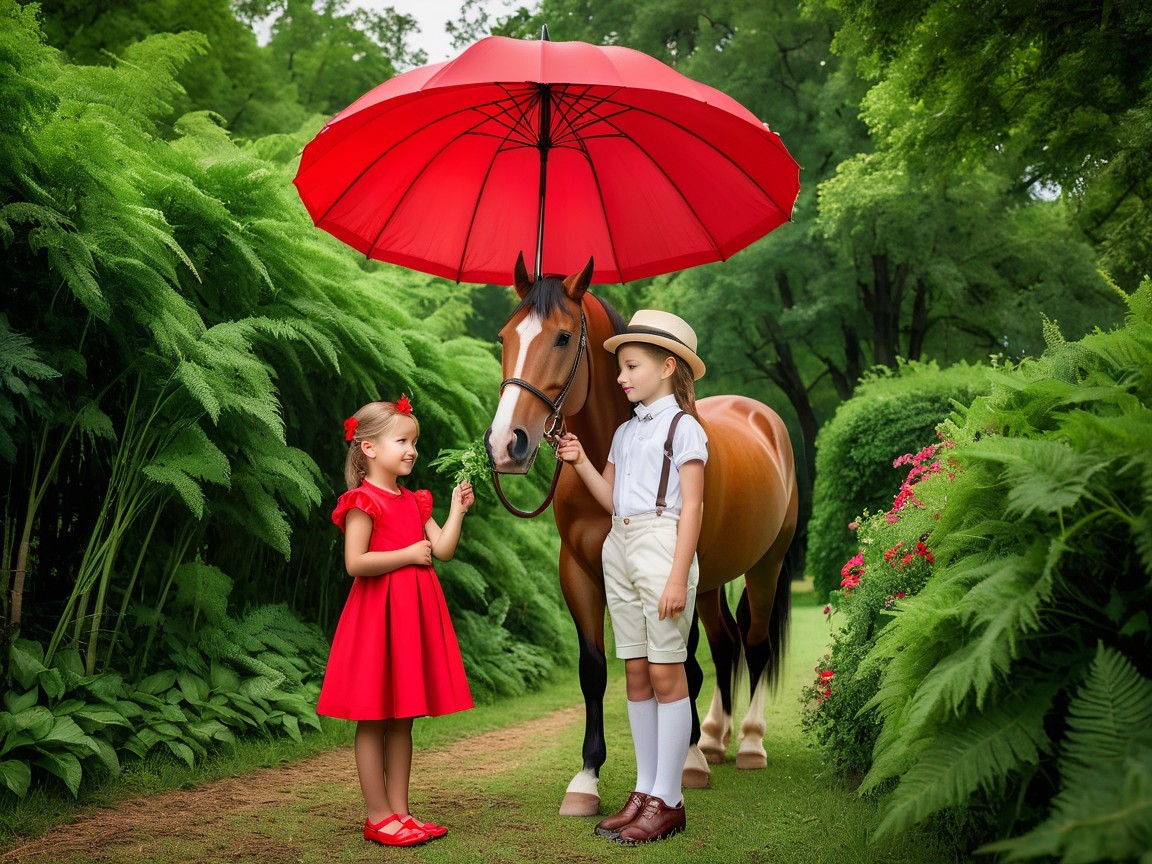 Young Girl and Boy in Garden with Chestnut Horse