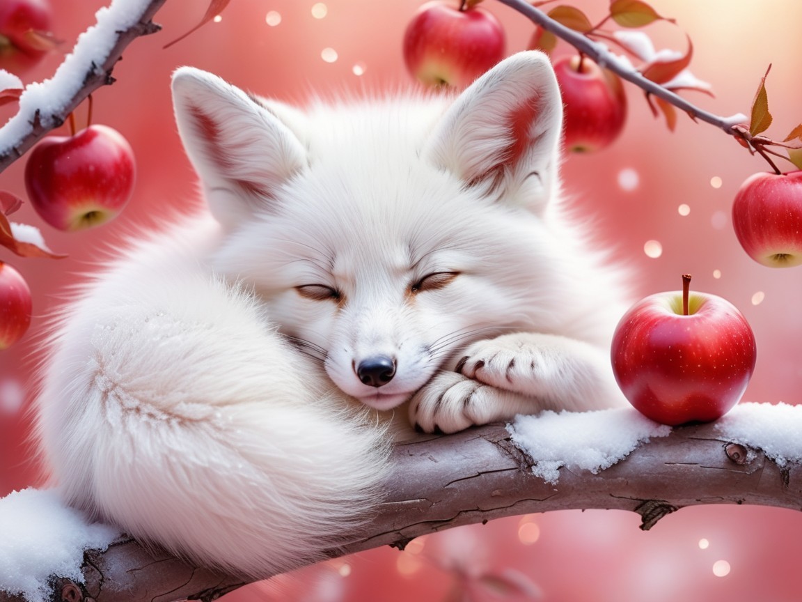 White Fox Sleeping on Snowy Branch with Red Apples