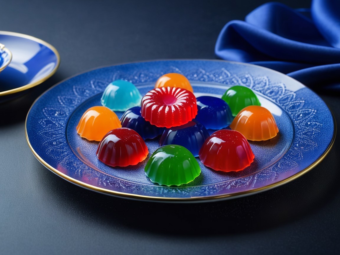 Colorful Jelly Desserts on Ornate Blue Plate