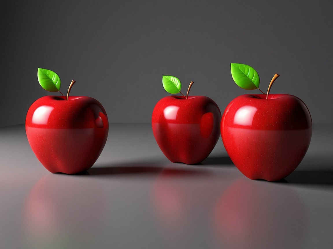 Glossy Red Apples with Green Leaves on Neutral Background