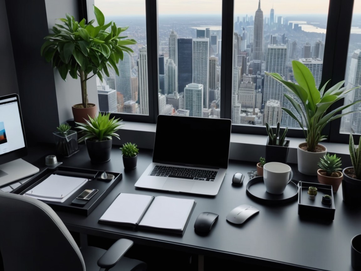 Modern Office Workspace with Cityscape View and Plants