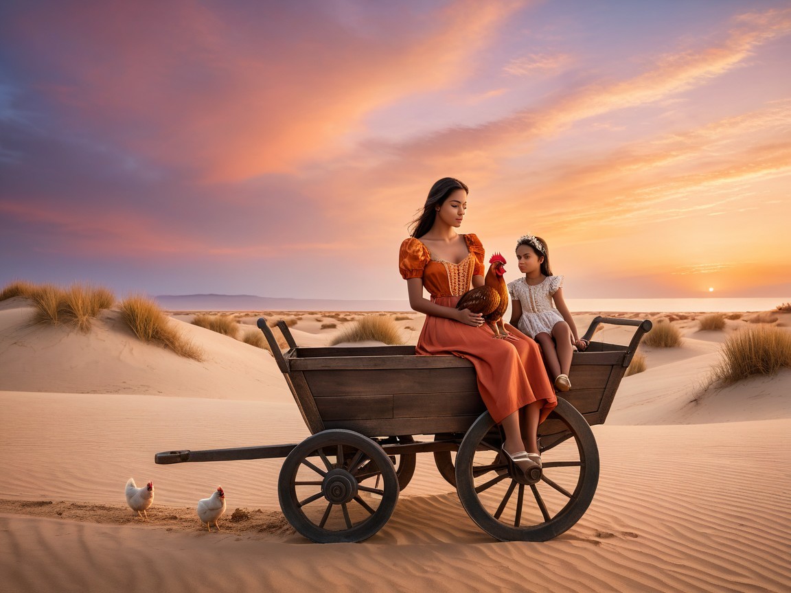 Desert Sunset Scene with Woman and Young Girl