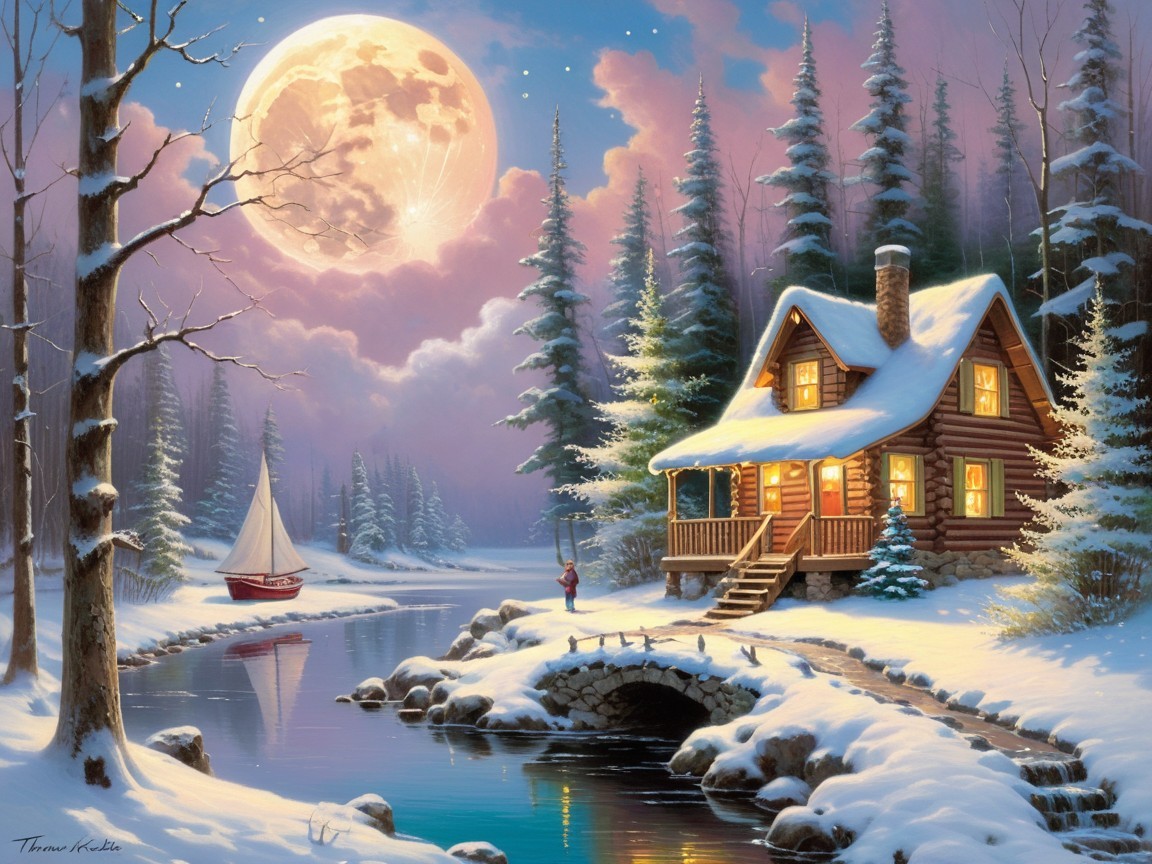 Cozy log cabin by tranquil river under full moon