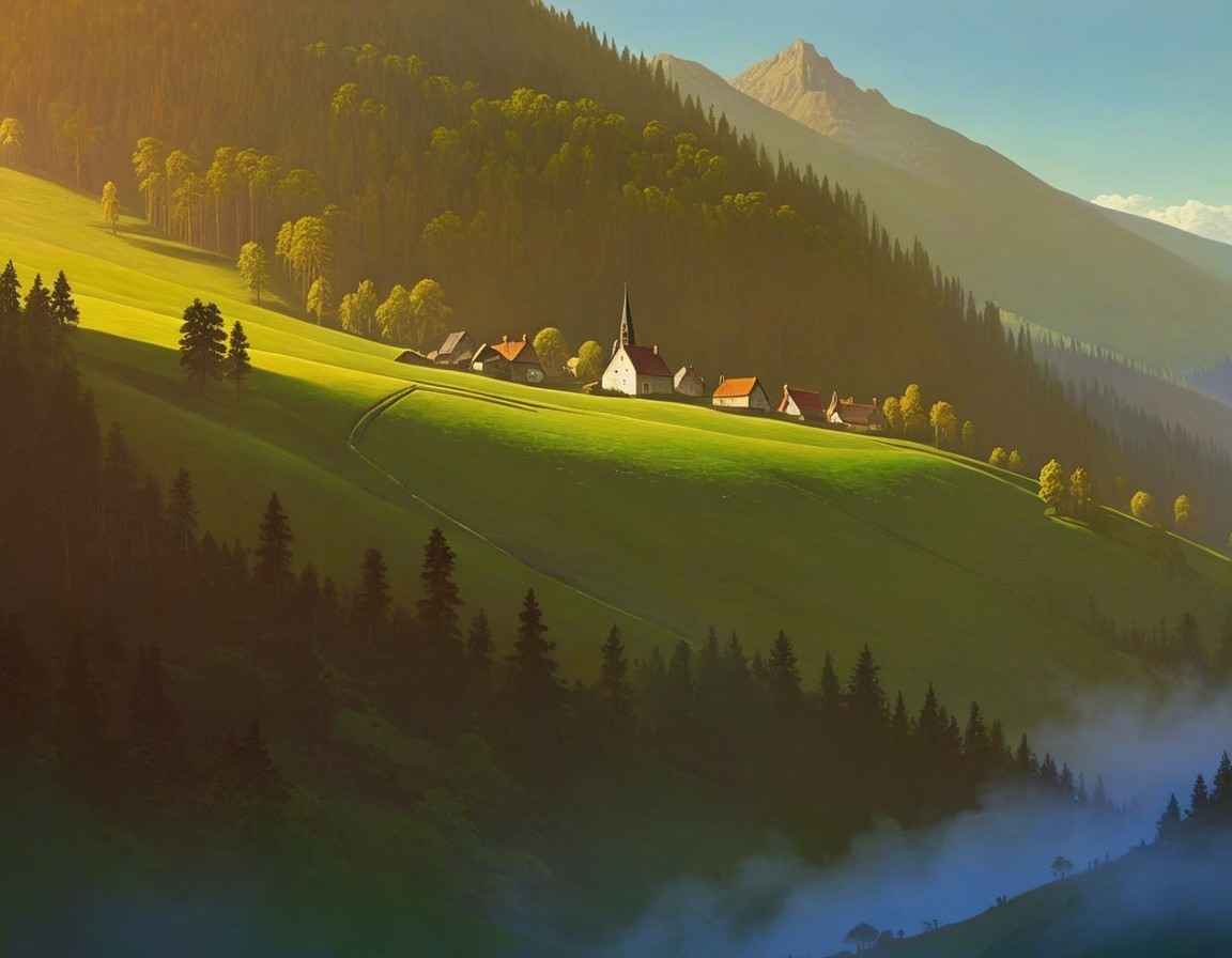 Picturesque Village in Lush Green Hillside Landscape