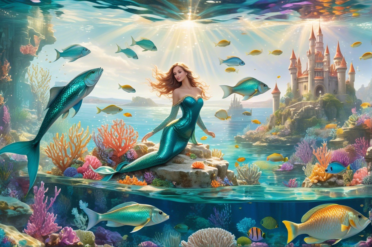 Underwater Scene with Mermaid and Coral Reefs