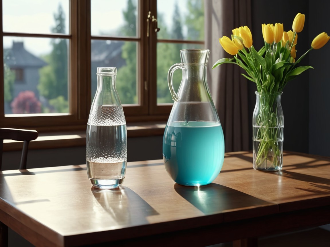 Glass Bottle, Pitcher, and Tulips on Wooden Table