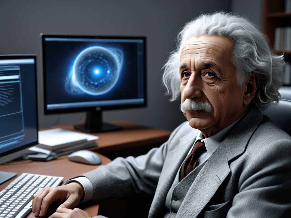 Elderly Man at Computer in Classic Suit with Cosmic Display