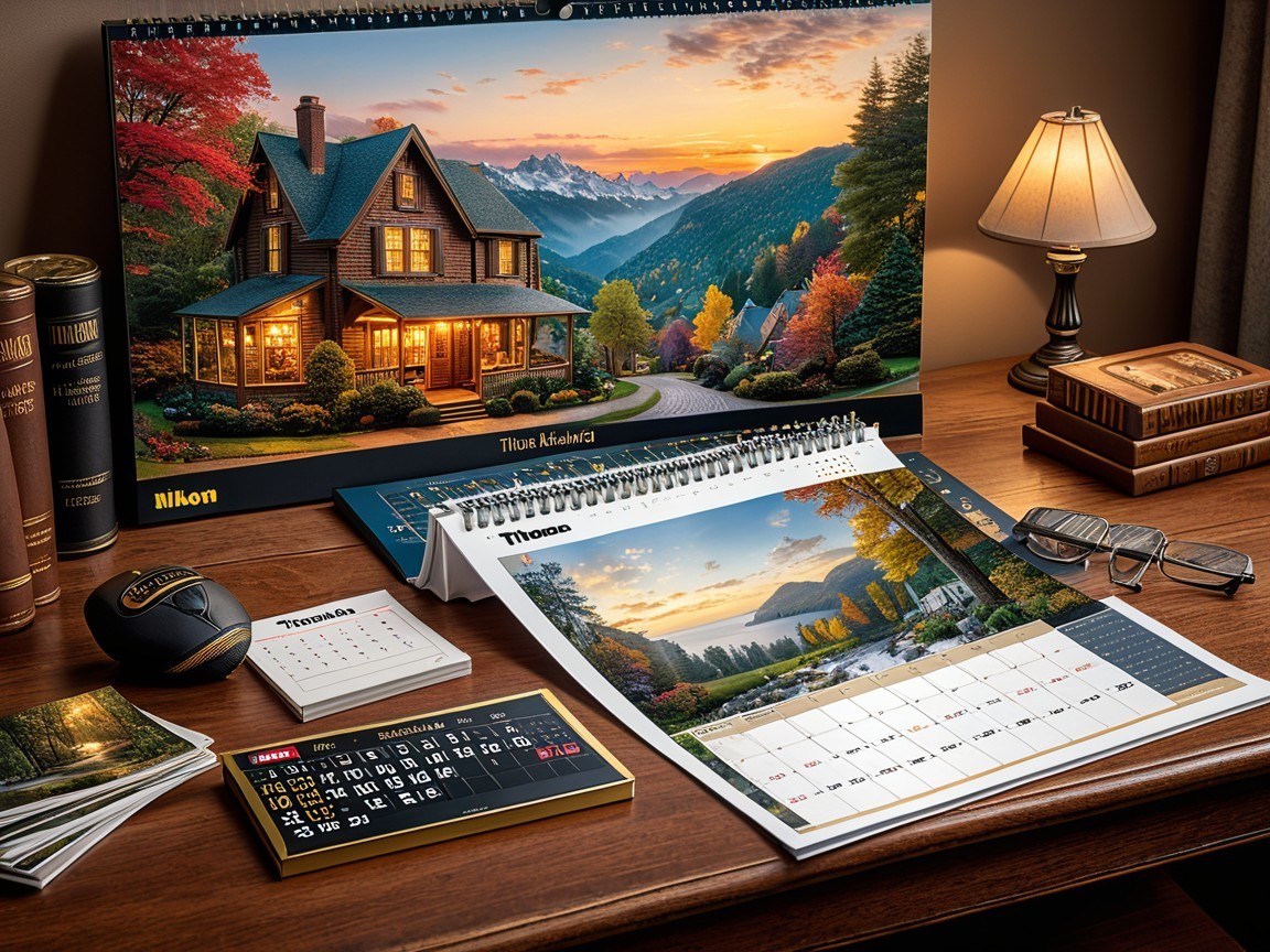 Cozy Wooden Desk with Scenic Calendars and Warm Lighting