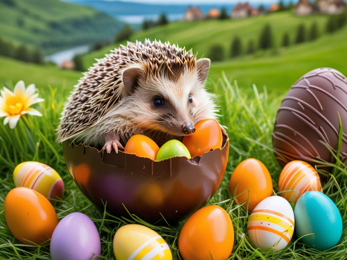 Hedgehog Emerges from Chocolate Egg in Spring Meadow