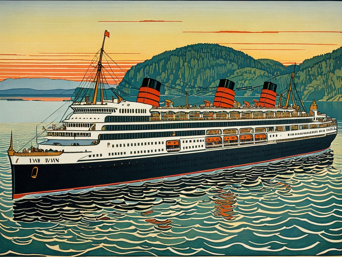 Stylized depiction of a classic ocean liner at sunset