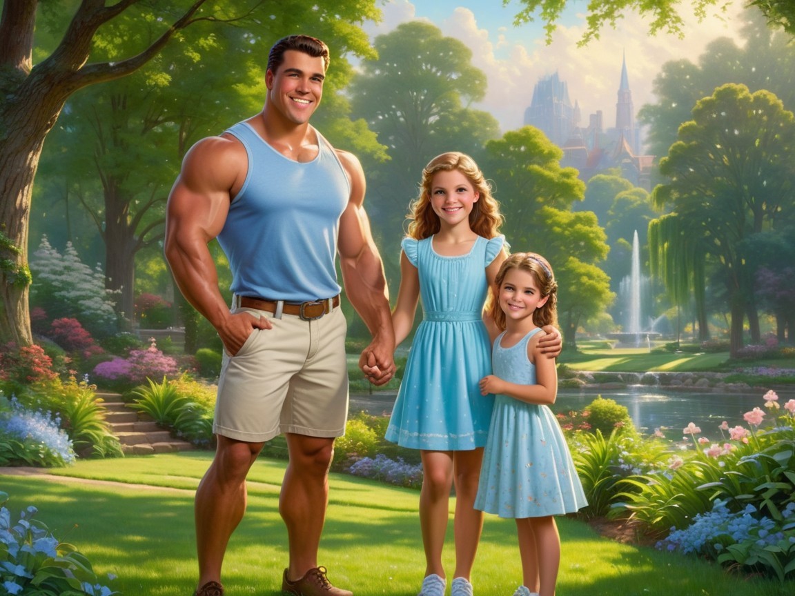 Muscular Man with Girls in Vibrant Park Setting