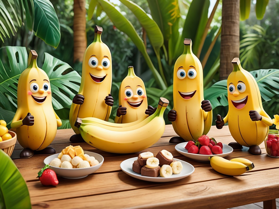 Cheerful Cartoon Bananas Gather Around a Large Banana