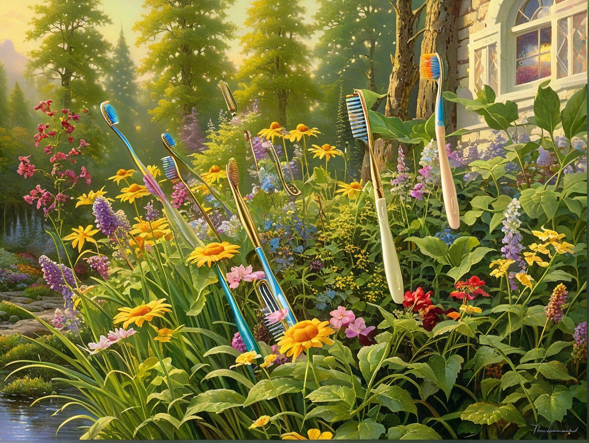 Vibrant garden with colorful flowers and toothbrushes