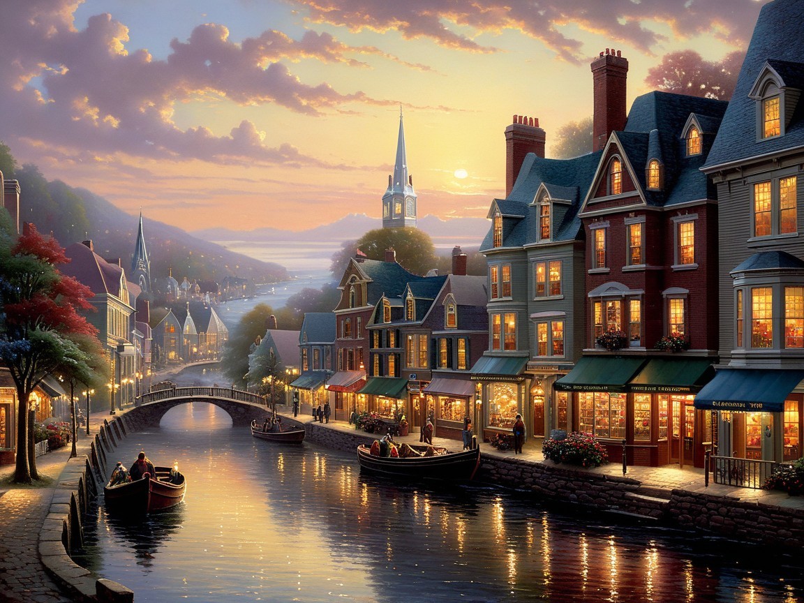 Charming Waterfront Town at Dusk with Colorful Facades