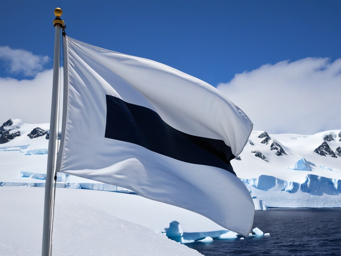 White Flag with Black Rectangle in Antarctic Landscape