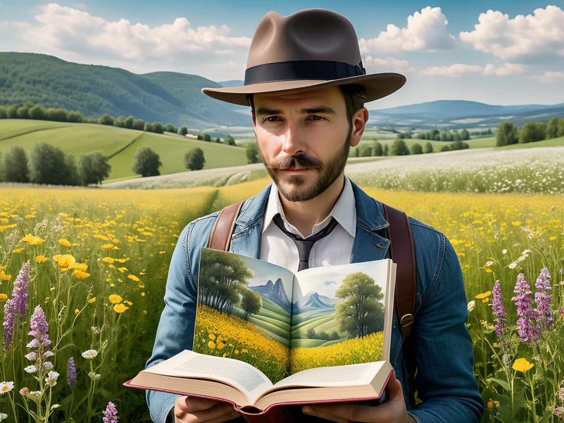 Man in Hat with Book in Flower Field Landscape