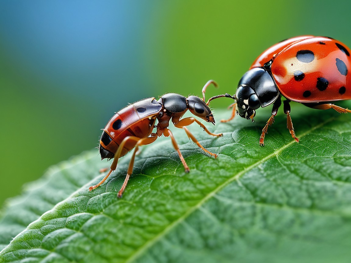 Close-Up of Ladybug and Ant on Green Leaf
