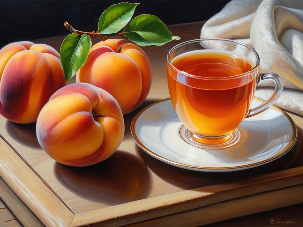 Photorealistic Still Life of Peaches and Tea