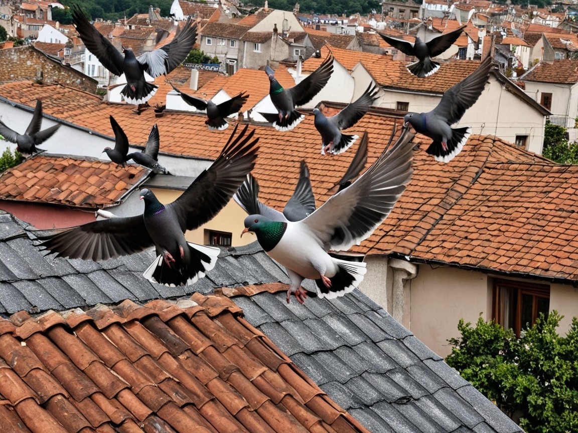 Pigeons in flight over a town with terracotta rooftops