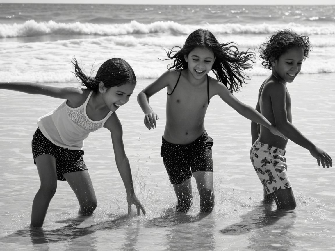 Children Playing in Shallow Beach Water in Black and White