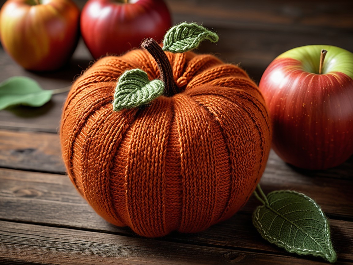 Knitted Orange Pumpkin with Apples on Wooden Surface