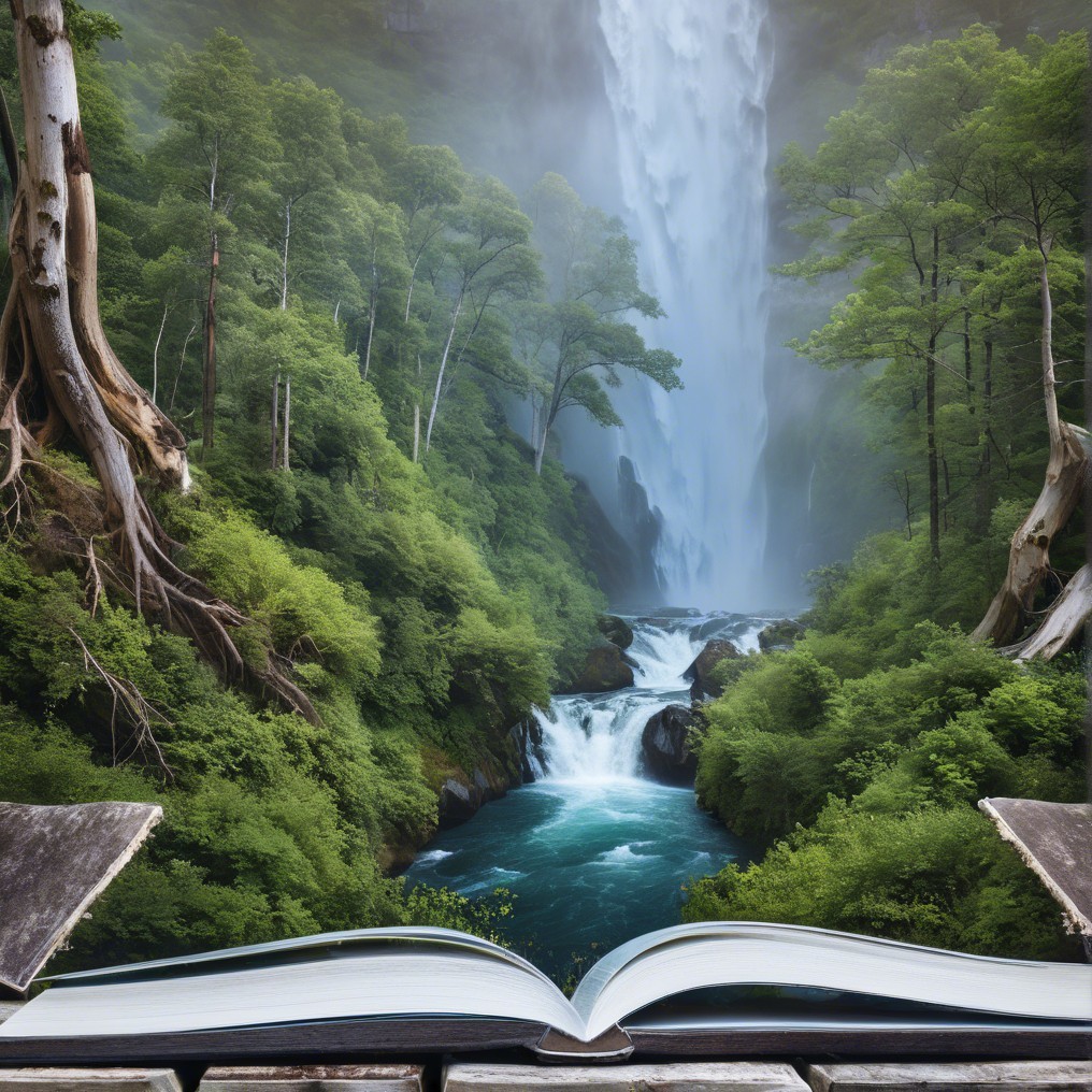 Open Book with Waterfall and Lush Forest Background