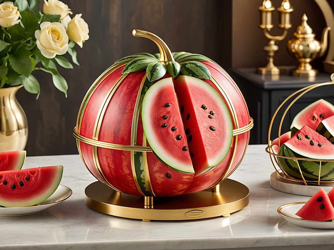 Carved Watermelon Display on Golden Pedestal