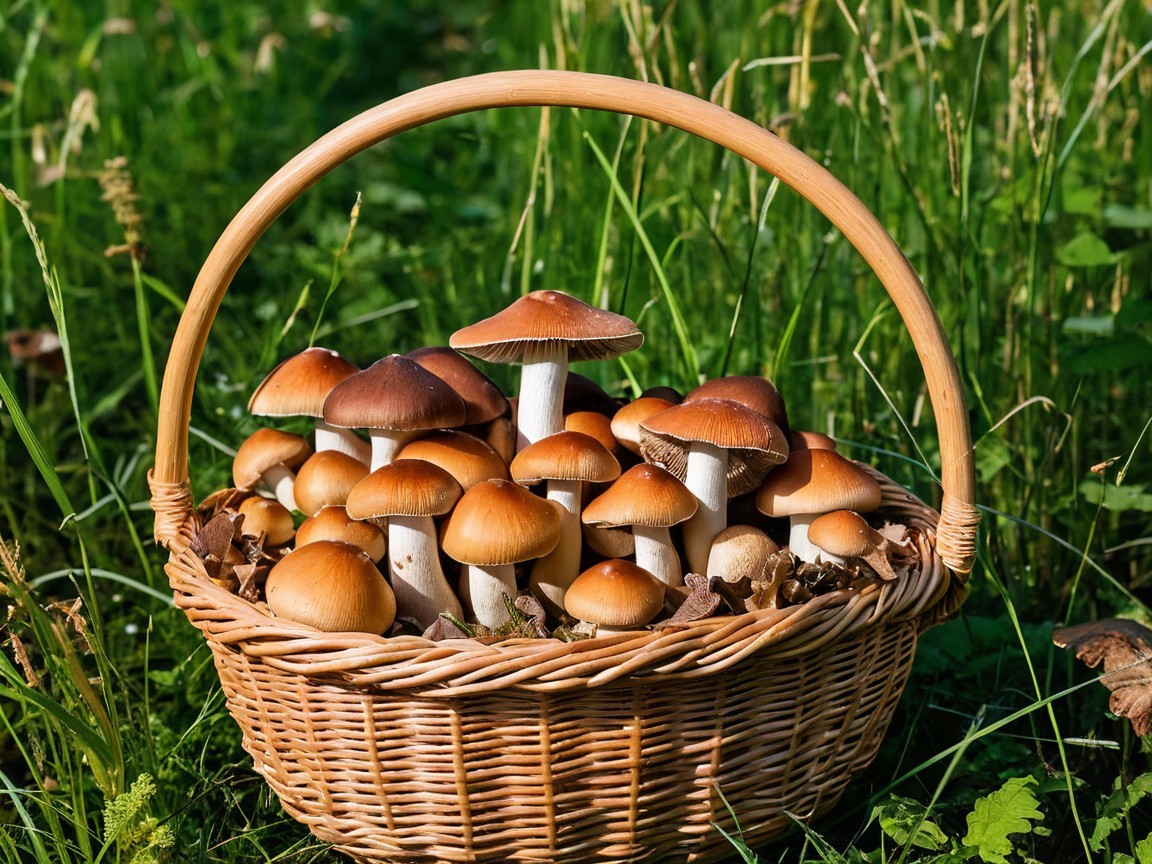 Wicker Basket with Assorted Mushrooms in Nature
